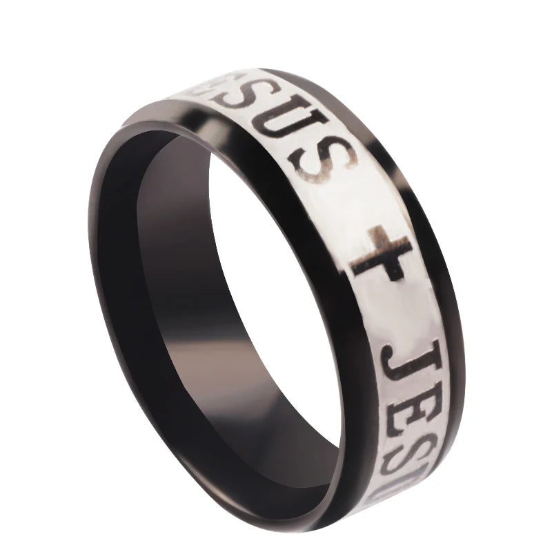 Bague en acier inoxydable de 8 mm avec croix « I Love Jésus »