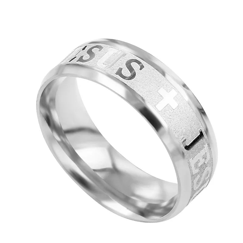 Bague en acier inoxydable de 8 mm avec croix « I Love Jésus »