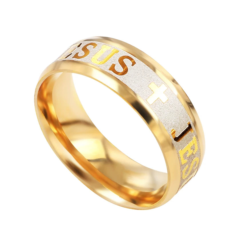 Bague en acier inoxydable de 8 mm avec croix « I Love Jésus »