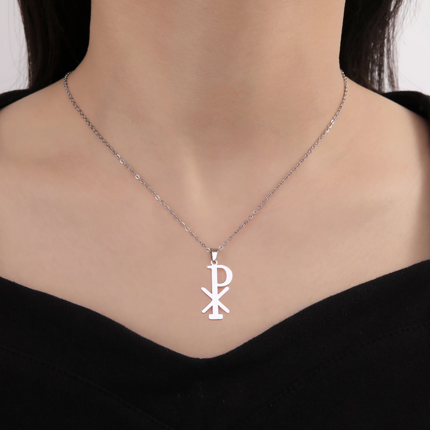 Collier Chi Rho en acier inoxydable, pendentif croix chrétienne