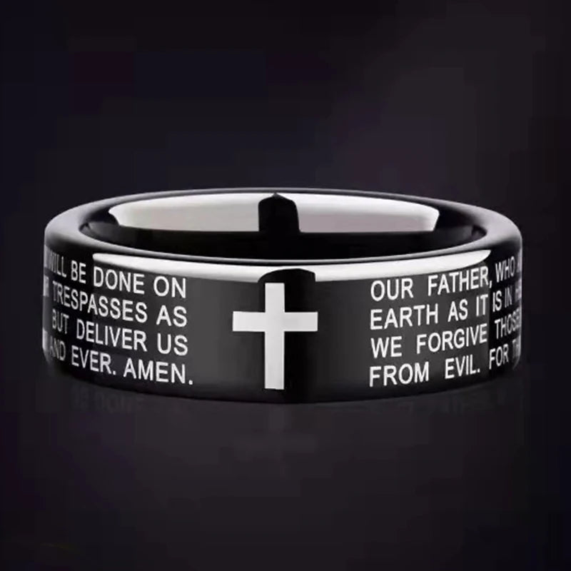 Bague en acier inoxydable avec croix de Jésus
