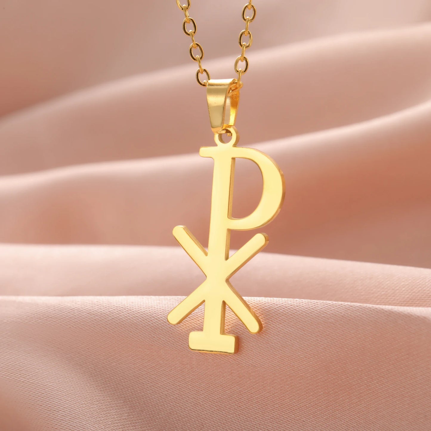 Collier Chi Rho en acier inoxydable, pendentif croix chrétienne