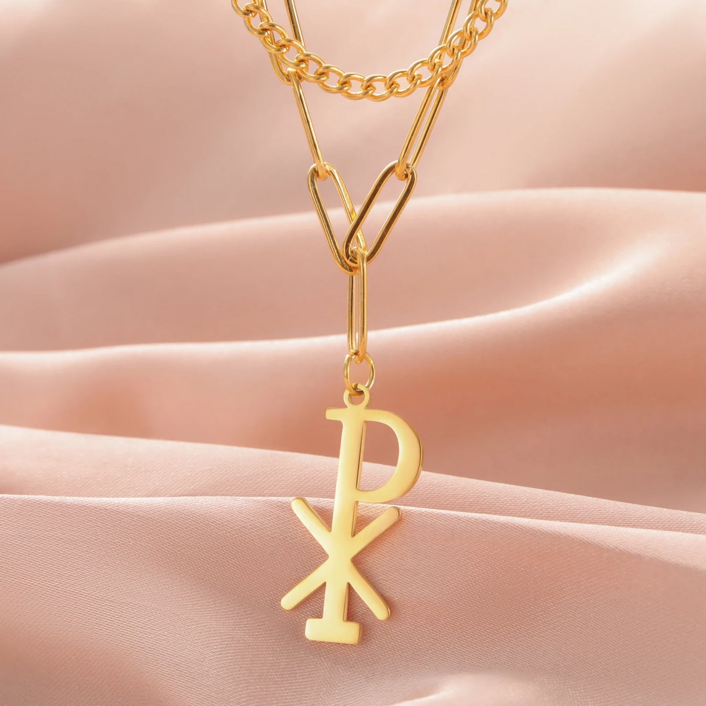 Collier Chi Rho en acier inoxydable, pendentif croix chrétienne