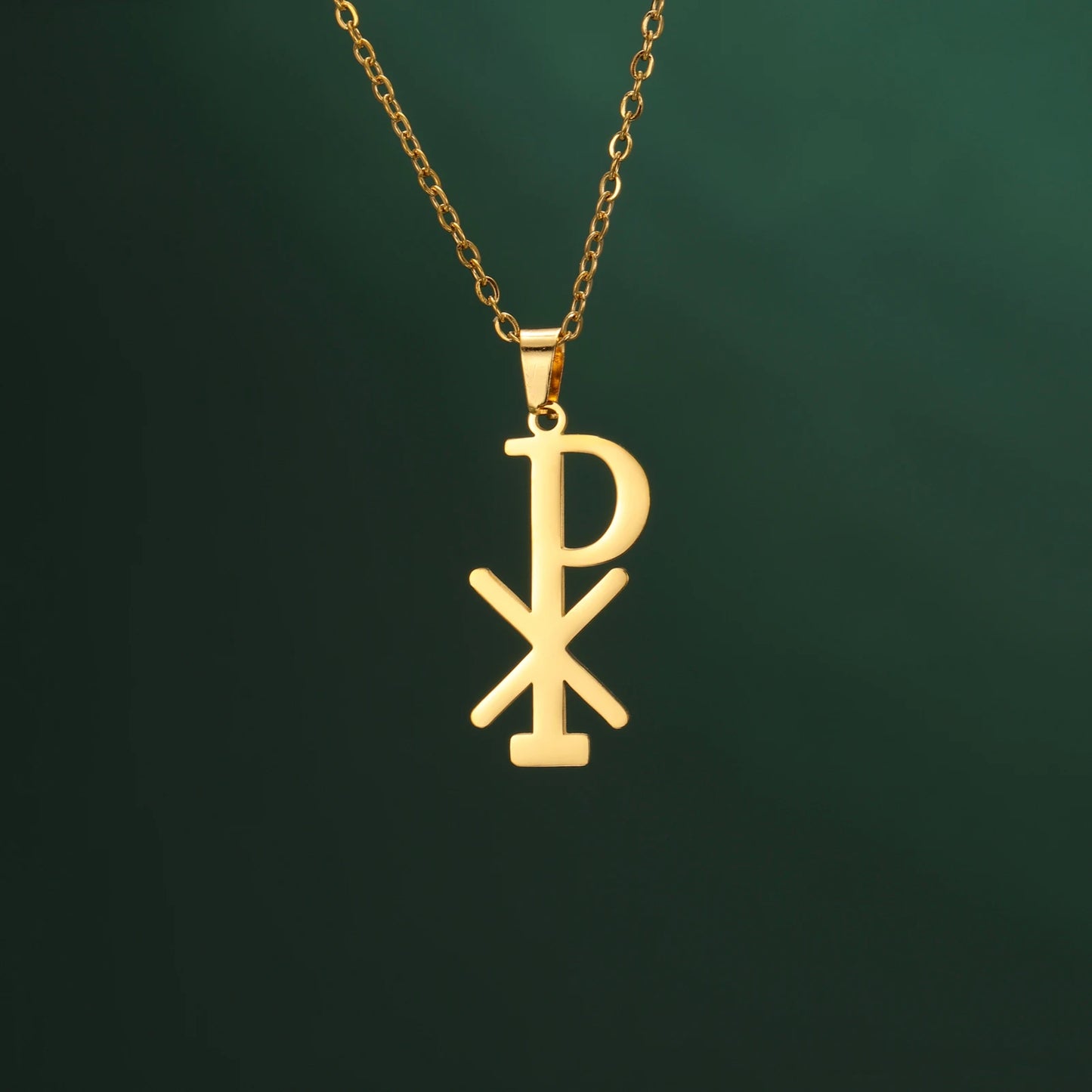 Collier Chi Rho en acier inoxydable, pendentif croix chrétienne