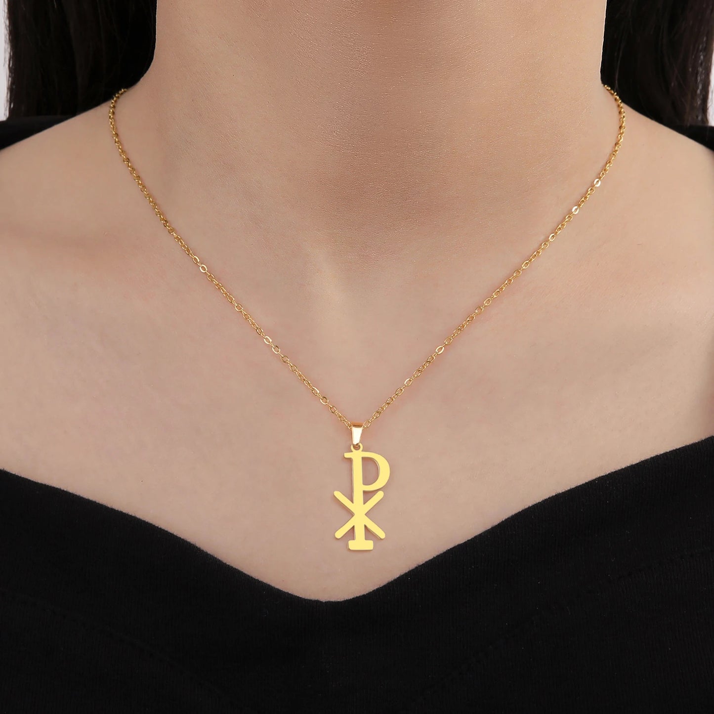 Collier Chi Rho en acier inoxydable, pendentif croix chrétienne