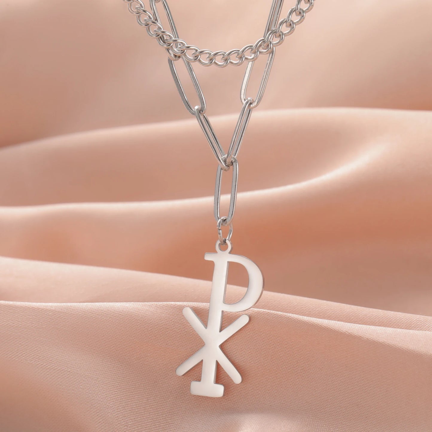 Collier Chi Rho en acier inoxydable, pendentif croix chrétienne