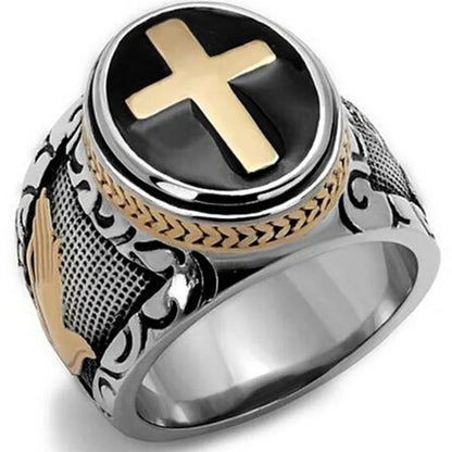 Bague de personnalité bicolore pour homme avec croix